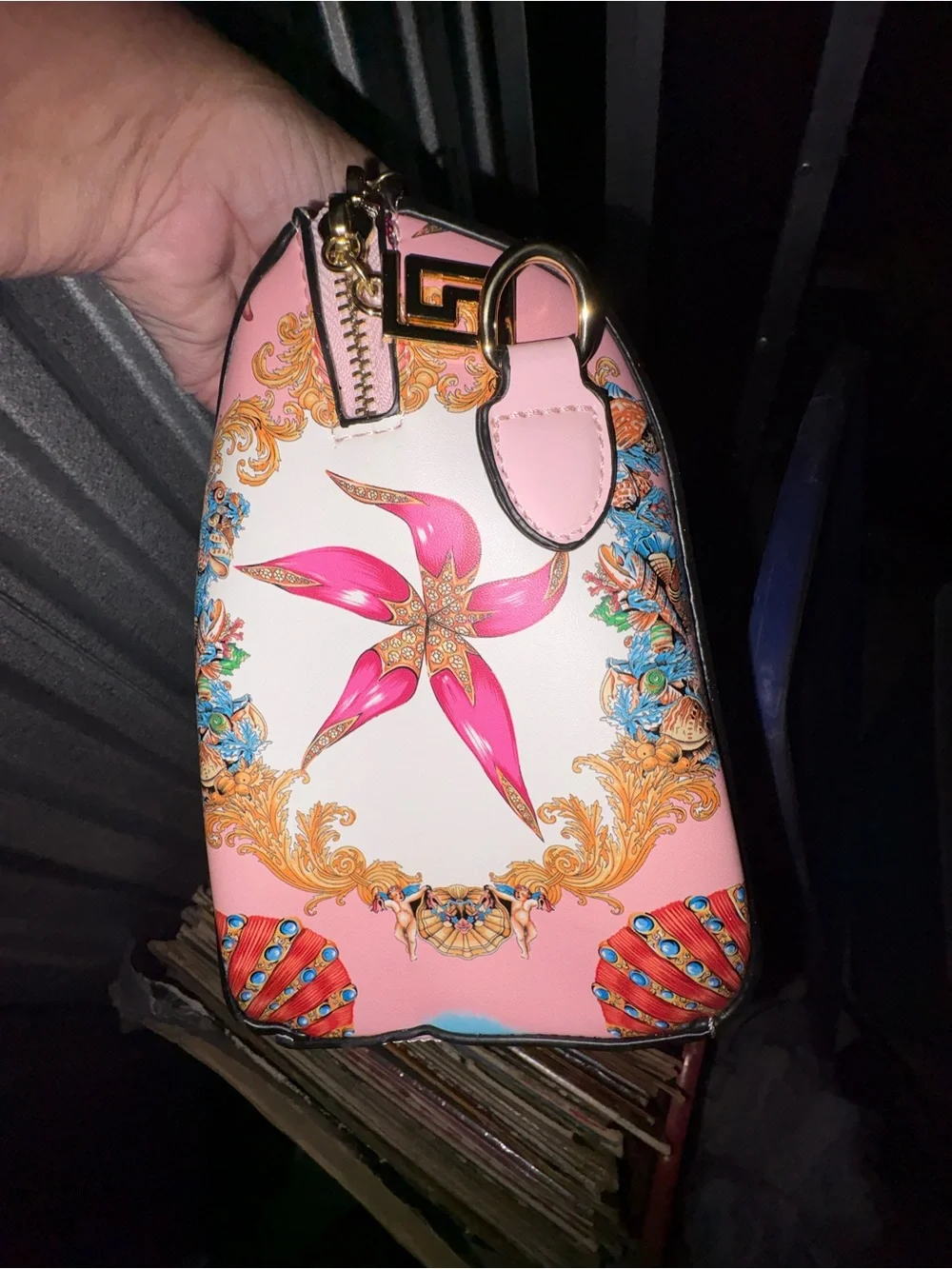 Seashell-Print Pink Satchel with Gold Accents
